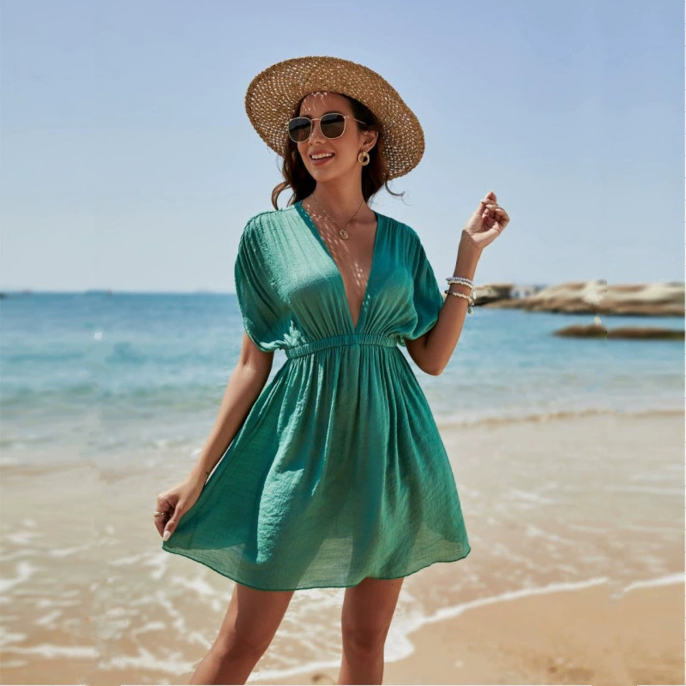 Zara Solid Color Linen Collar Belted Vacation Beach Short Dress